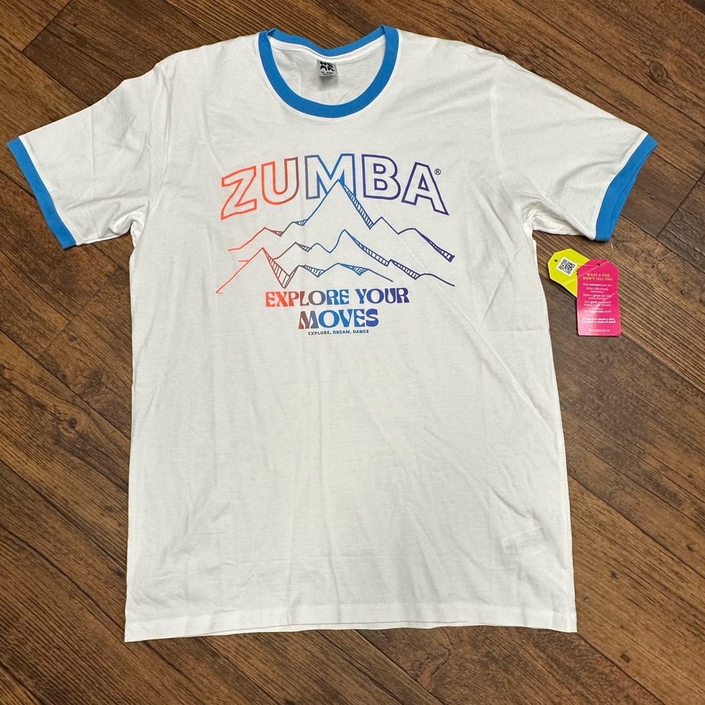 Zumba Fitness White Tee with Blue and Red Accents